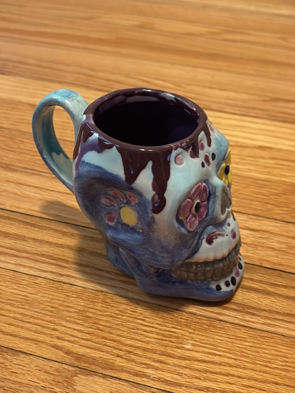 Hand-Painted Ceramic Skull Mug in Blue and Purple Glaze